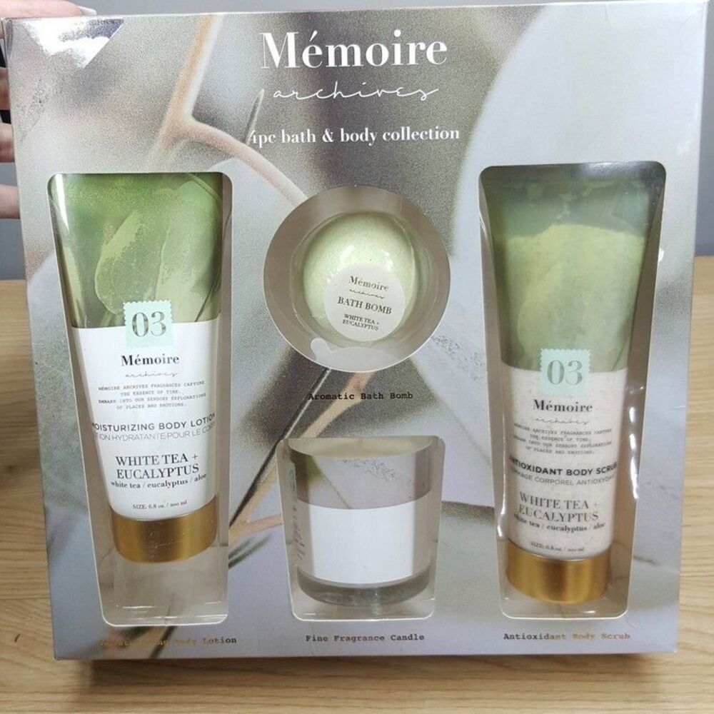 Memoire Archives 4 Piece Bath & Body Set White Tea Eucalyptus Scrub Lotion Bomb